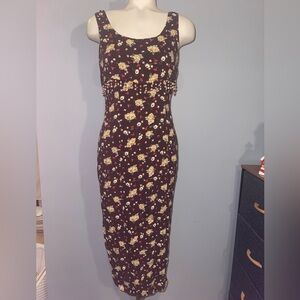 Chic Floral Midi Dress brown floral print beaded woman’s size 7 90s Y2K VINTAGE